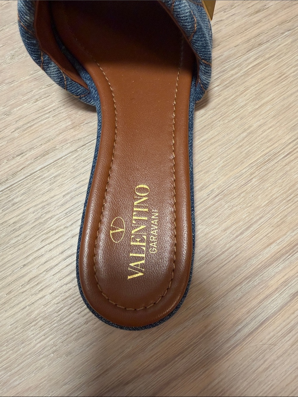 Valentino Garavani Denim Slide Sandals with Gold Studs - Picture 4 of 4